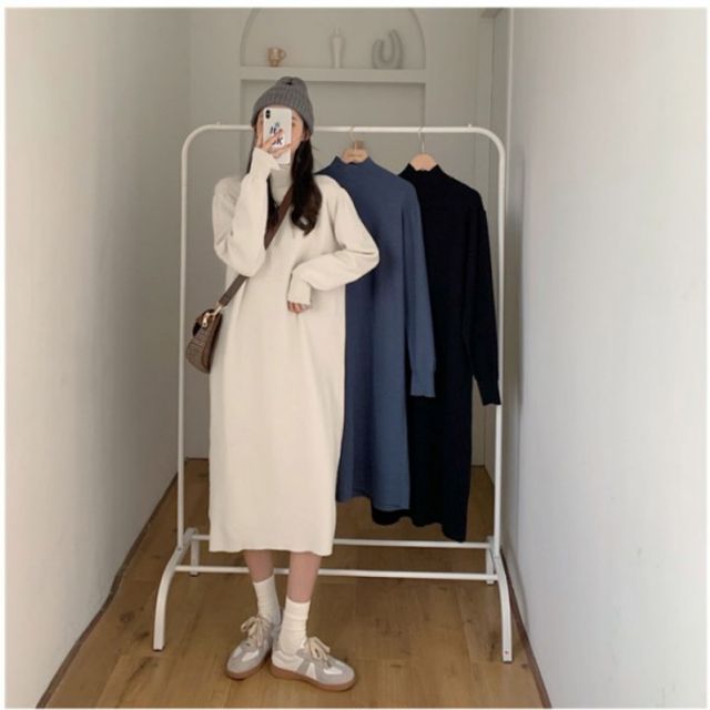 블랙 잔골지 롱원피스 블루 아이보리 반폴라 디자인