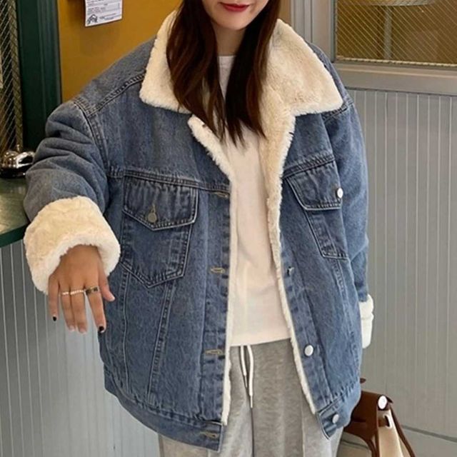 여성용 데일리 경량 양털 카라 데님 숏 자켓