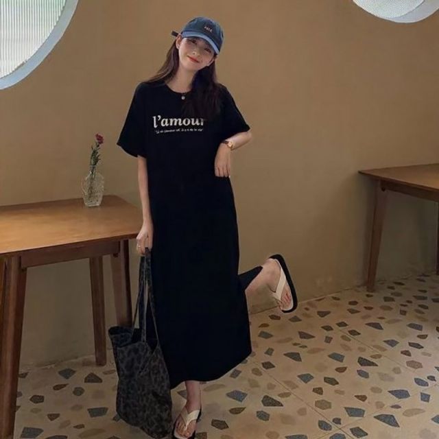 롱원피스 캐주얼 트임 영문 프린팅 라운드원피스 영문