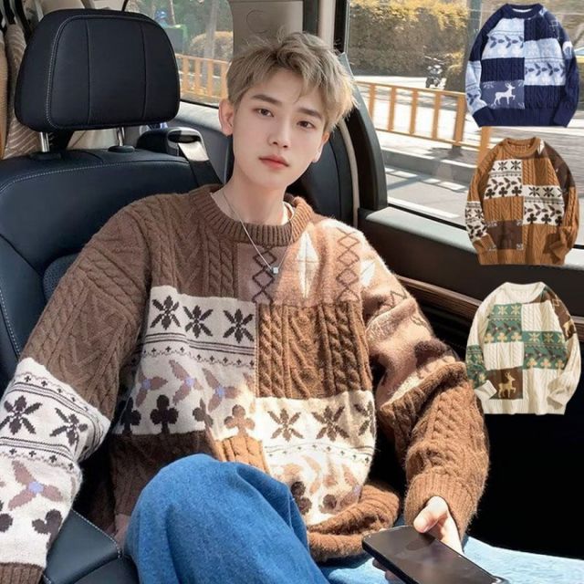 남성 루즈핏 눈꽃 사슴 니트 겨울 오버핏 스웨터 남자 크리스마스 라운드 니트티