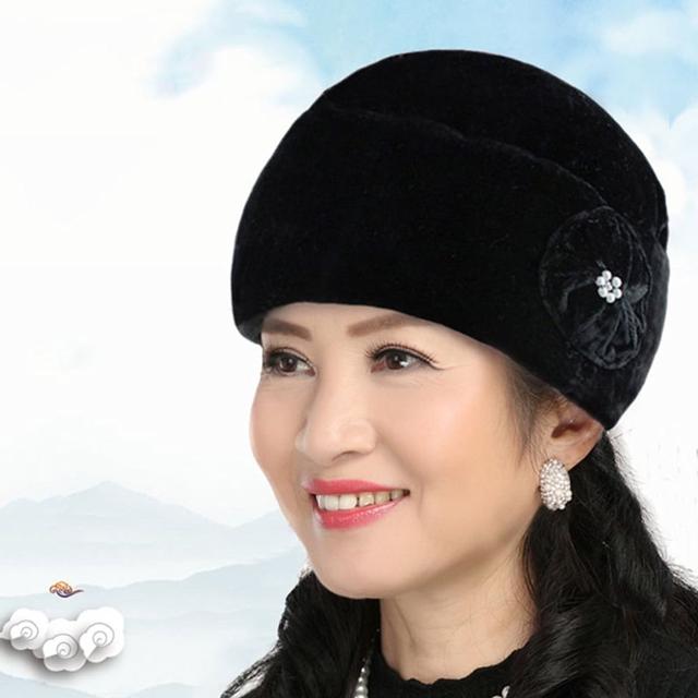 할머니 겨울 방한 비니 - 노인 벨벳 기모 보온 모자