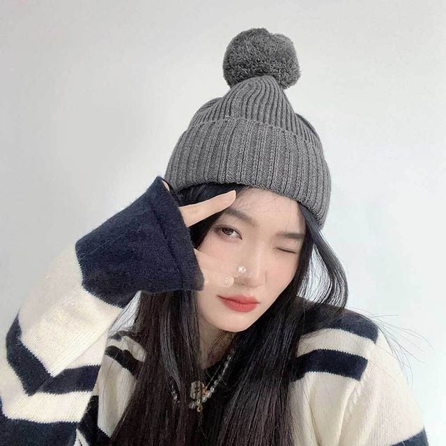 그레이 방울 비니 폼폼 니트 패션 겨울 모자
