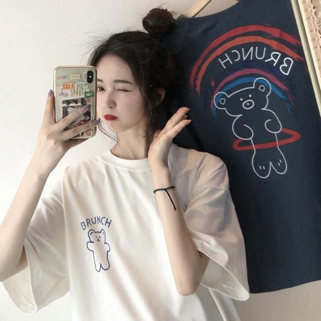 반팔 티셔츠 프린팅 여성 여름 오버핏 레터링 반팔티 루즈핏 라운드