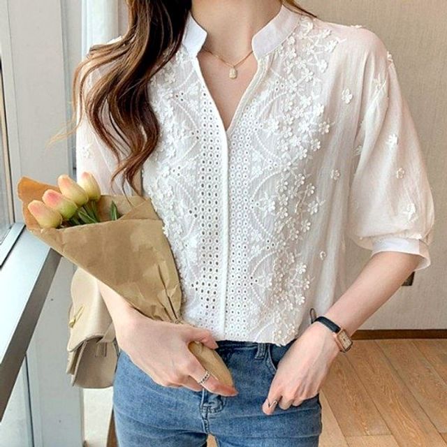 브이넥 자수 여성 블라우스, 봄 펀칭 셔츠 여성상의