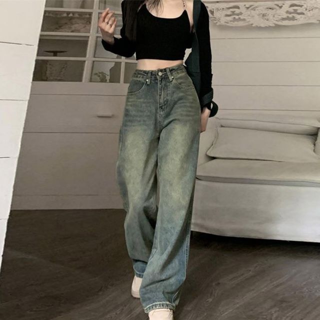 여성 하이웨스트 와이드 청바지 데님팬츠 연청 일자