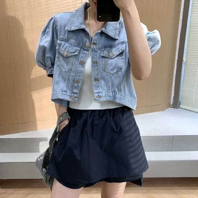 여성 여름 반팔 퍼프 데님 자켓 크롭 청자켓 슬림핏 캐주얼 숏 아우터