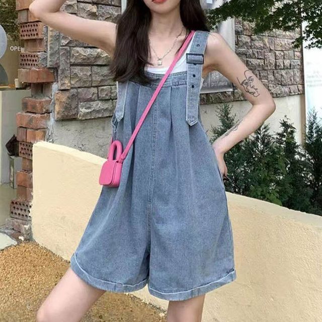 데님 통 멜빵 바지 와이드 반바지 어깨끈조절 스트랩 롤업디자인 여름 귀여운코디