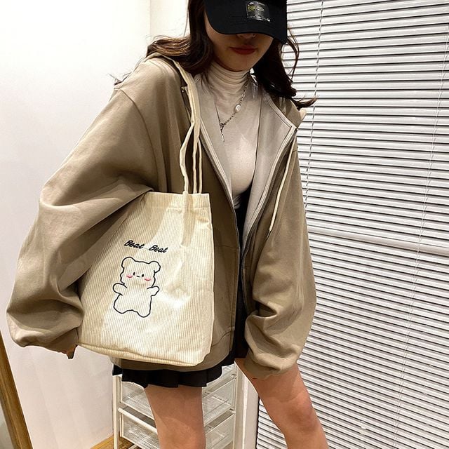 H 골덴 코듀로이 베어자수 에코백 숄더백