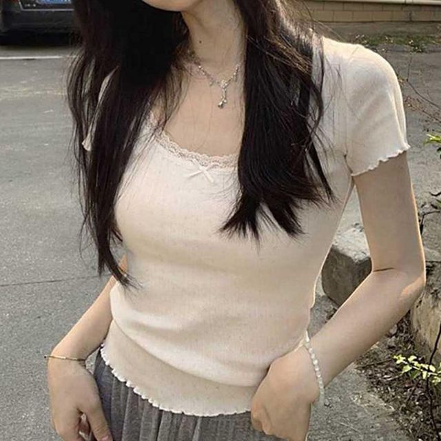 아이보리 레이스 리본 셔링 크롭티 여성 여름 반팔 골지 슬림핏