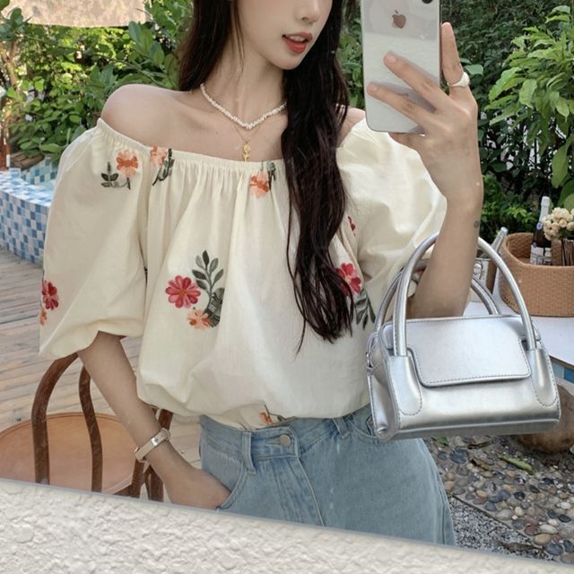 여자 블라우스 밴딩 오프숄더 여름 플라워 프릴