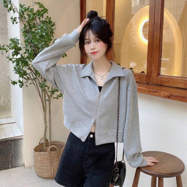 여성 데일리 크롭집업 카라 더블지퍼 니트 집업 4컬러