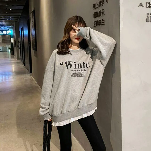 여성 기본 기모 영문 프린팅 레이어드 긴팔 티셔츠