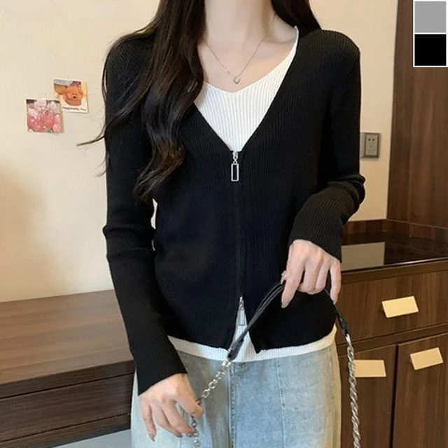 여성 브이넥 가디건 티셔츠 1P 봄가을 긴팔 니트티