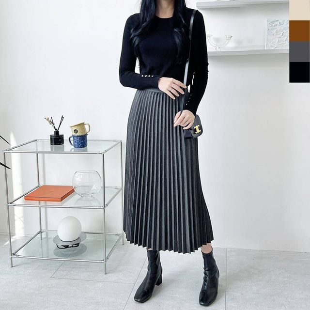 TBZ KYI SH8939 맥시 플리츠 주름 롱스커트