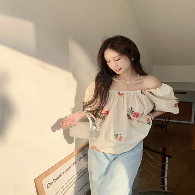 여자 아이보리 플라워 봄 여름 오프숄더 반팔블라우스