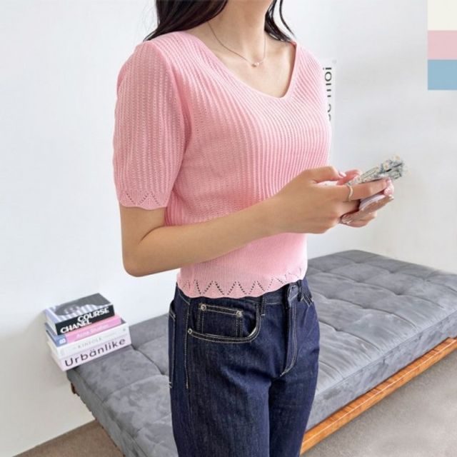 쿨 뽀얌 여자반팔니트 심플 데일리 여성반팔니트 여름