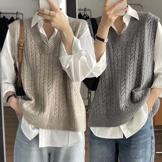 여성 꽈배기 패턴 브이넥 기본 스타일 조끼 베스트