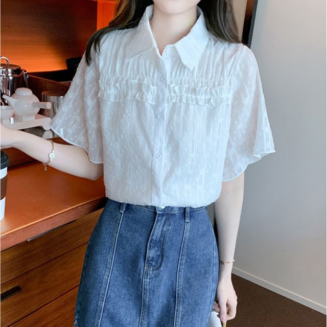 여자 화이트 레이스 프릴 카라 블라우스 여름 반팔셔