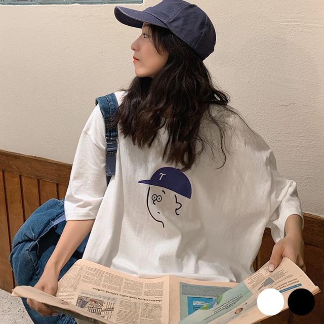 얼굴 프린팅 오버핏 박스티 여성 데일리 반팔 티셔츠