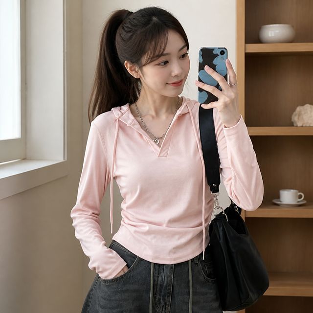 여성 긴팔 후드티셔츠 셔링 브이넥 데일리룩 간절기 상의 레이어드 티