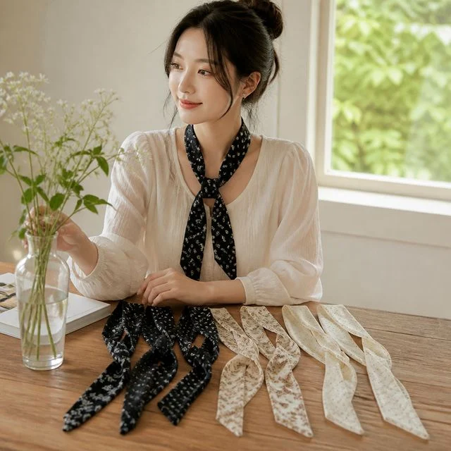 프렌치 롱 스카프 실크 잔꽃 패턴 모던 여성 목도리 데일리