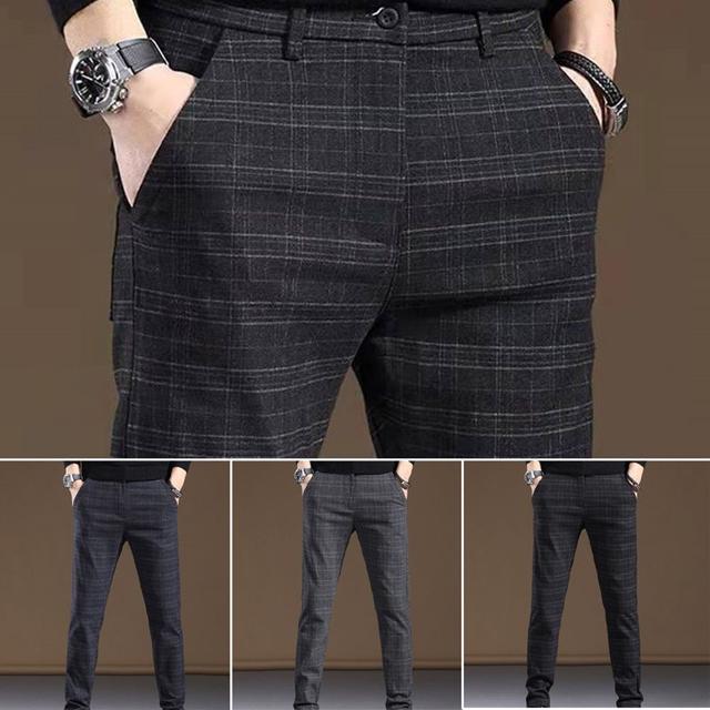남성 밴딩 베이직 체크패턴 슬랙스 슬림핏 일자팬츠