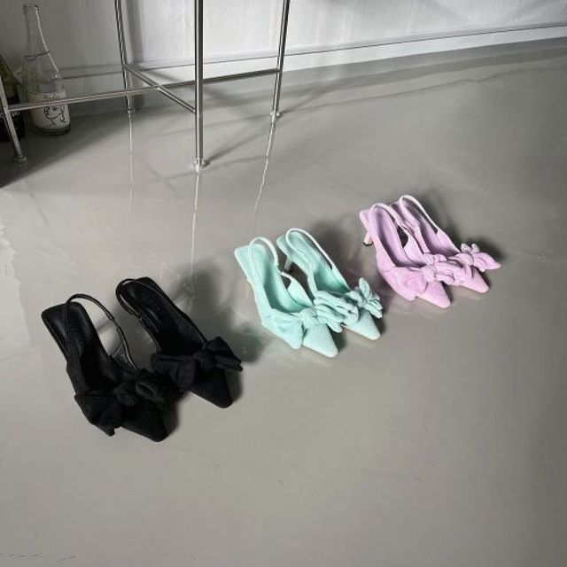 블랙 리본 스트랩 샌들힐 펌프스 스틸레토 미들힐 여자구두 데일리 슬링백