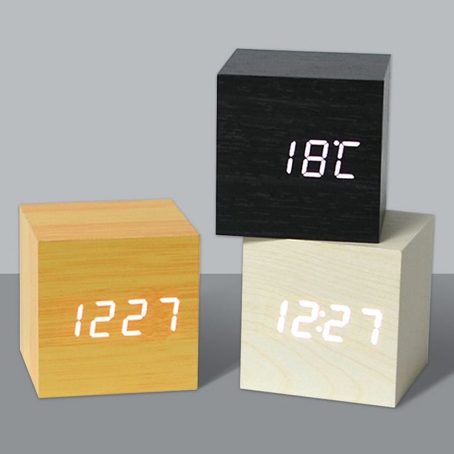 LED 우드 탁상시계 큐브 알람 시계 USB
