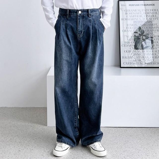 남성 데일리 캐주얼 투턱 와이드 중청 데님팬츠 바지