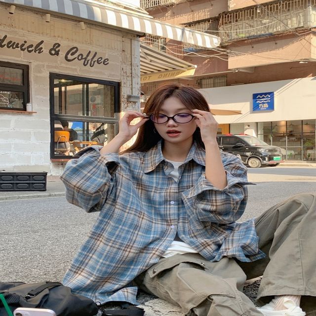여성 2컬러 봄 가을 데일리 오버핏 체크셔츠 체크남방