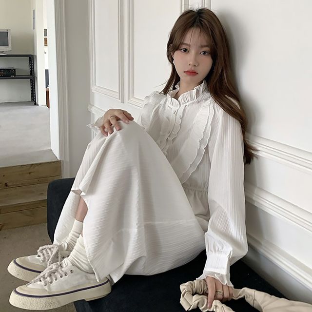 여성 미디 원피스 - 봄 플리츠 디테일 청순 코디