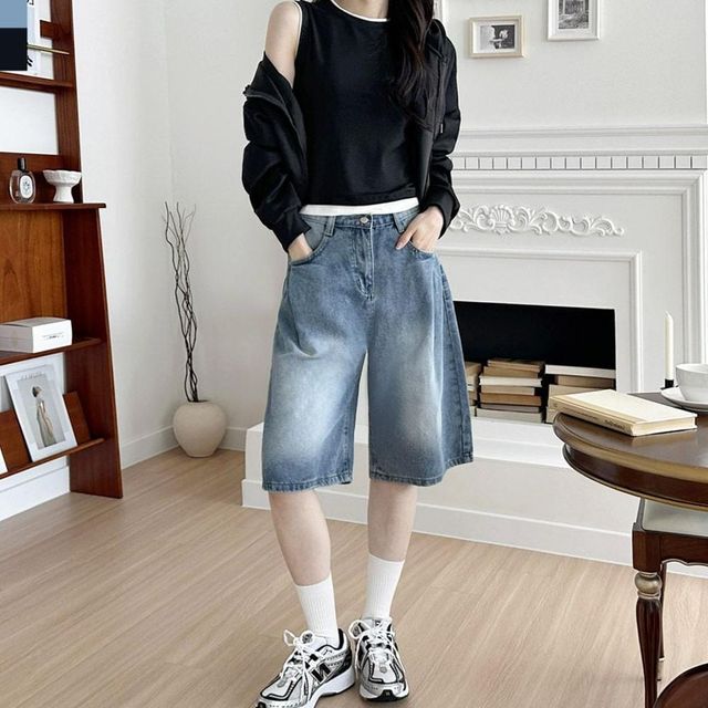 여성 앞 주름 뒤밴딩 버뮤다 청데님 반바지 데님반바지