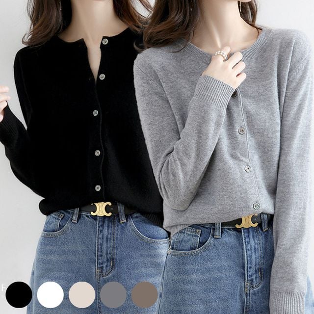 여자 데일리 무지 일자핏 심플한 라운드 니트 가디건