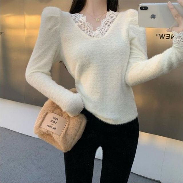 앙고라 실크 블라우스 레이스 디테일 여성 데일리룩