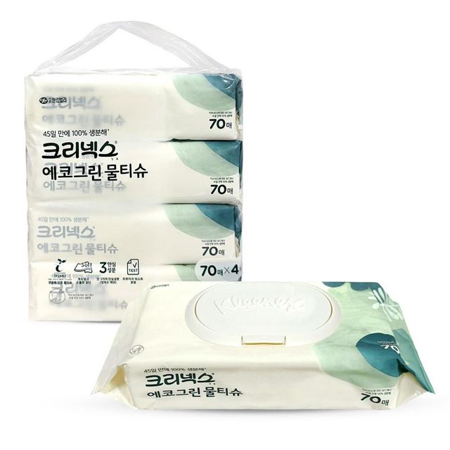 크리넥스 에코그린 저자극 생분해 물티슈 70매 4개입 민감피부 무향