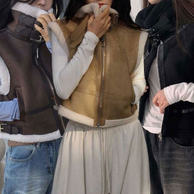 하이넥 무스탕 조끼 빈티지 겨울 양털 버클 포인트