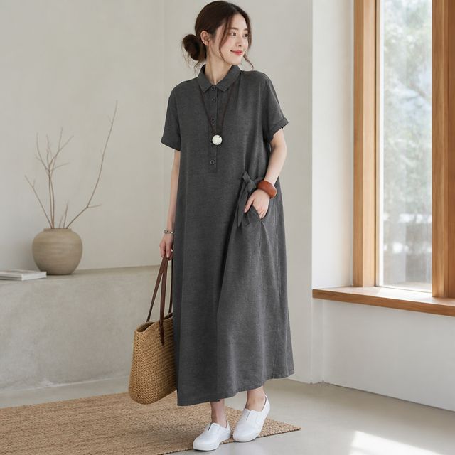 여성 린넨 롱원피스 반팔 루즈핏 퍼프 카라 여름 하객룩 하의 롱치마 원피스