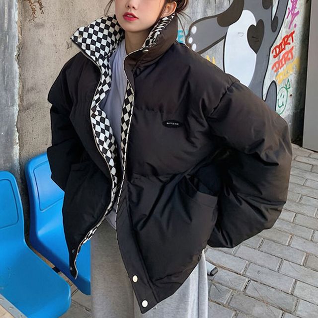 하이넥 패딩 루즈핏 여성패딩 안감 체크패턴 밑단밴딩 겨울 아우터 패딩 점퍼