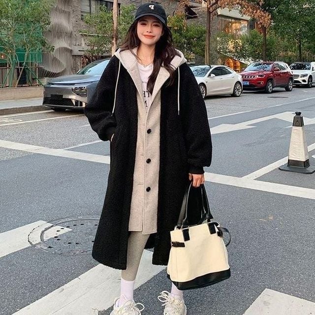 여성 후드 일체형 레이어드 롱코트 뽀글이 점퍼 3색