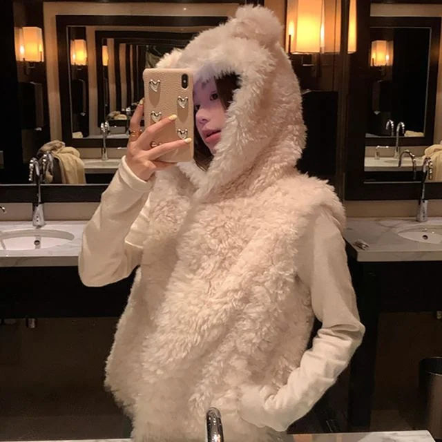 귀여운 곰돌이귀 퍼 후드베스트 조끼