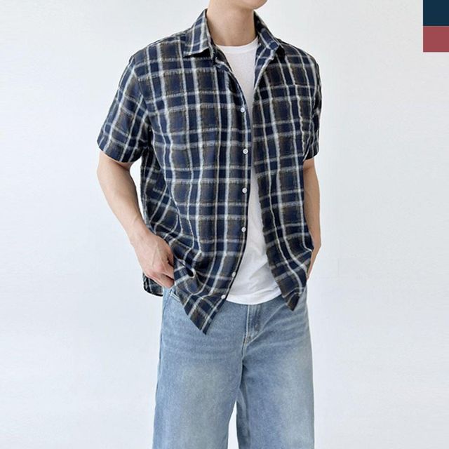 오버핏 체크 여름 반팔 티셔츠 린 남성넨 남방 데일리