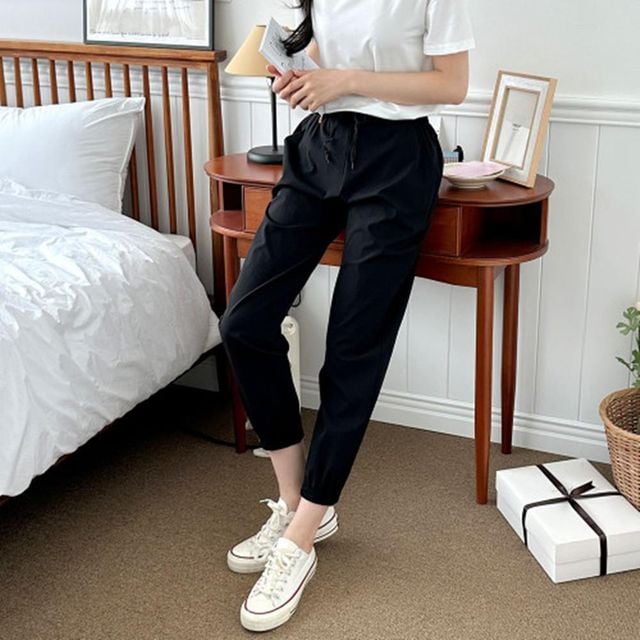 배기 일자 세미 밴딩 밴딩바지 여성바지 루즈핏 스판