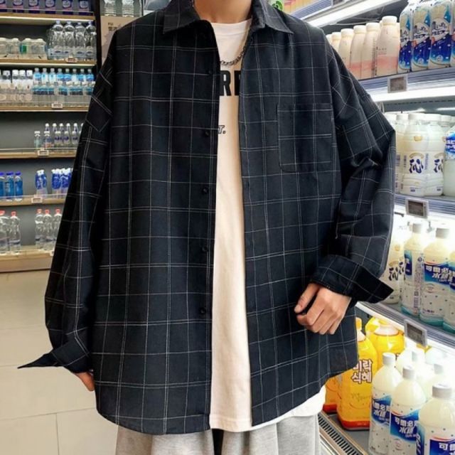 블랙 체크남방 루즈핏 남자 체크셔츠 남자검정셔츠코디 캐주얼 남자면