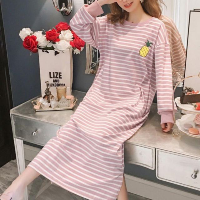 여성 간절기 데일리 단가라 스트라이프 긴팔 원피스 잠옷