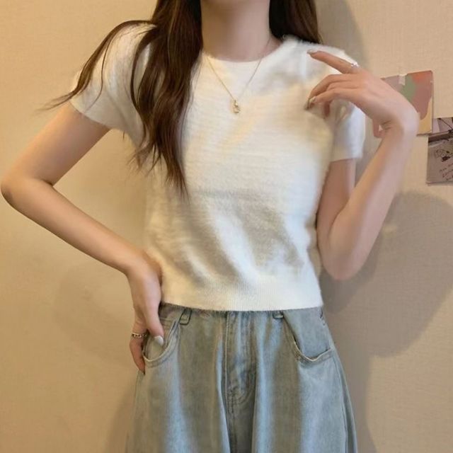 여자 파스텔톤 반팔티 밍크 소재 라운드넥 니트
