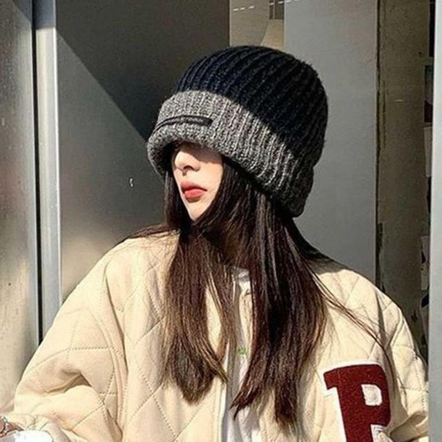루즈핏 짜임 골지 비니 모자 빅사이즈 대두 패치 도톰 털 롱 니트