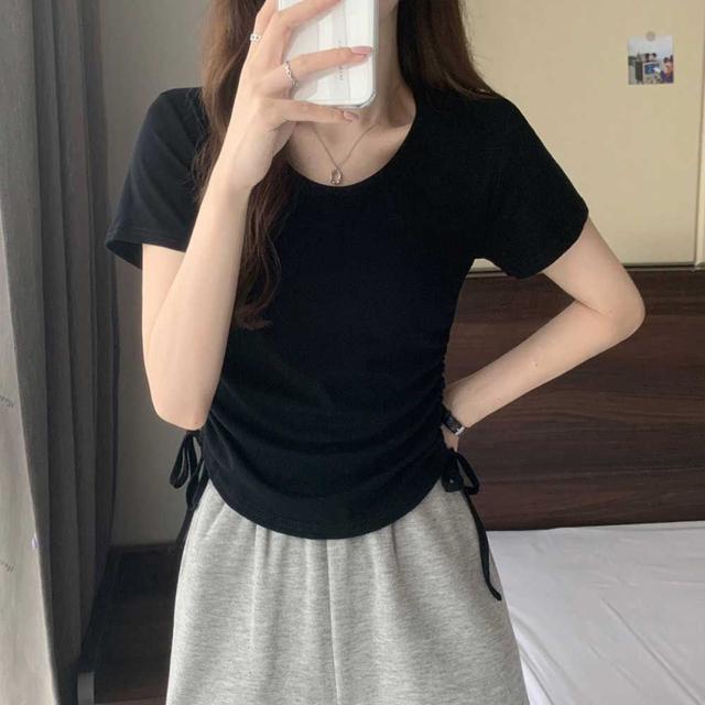 여성 반팔 티셔츠 옆스트링 셔링 U넥 데일리 여름
