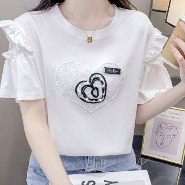 신상 디자인 세련된 연꽃잎 소매 얇은 티셔츠 여성