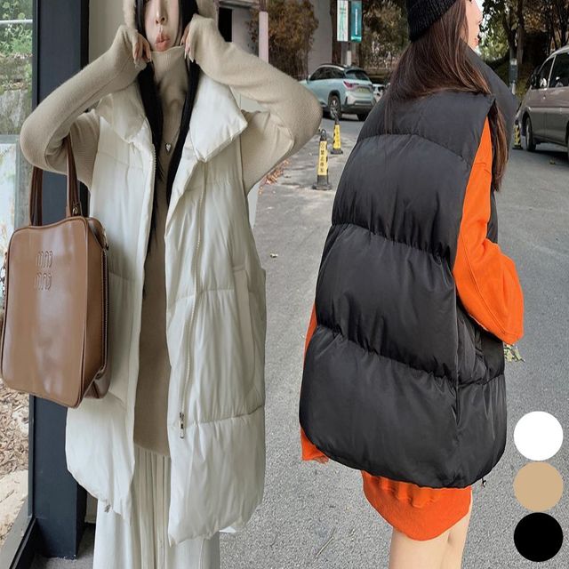 밑단 패쪼 하이넥 쪼끼 패딩조끼 오버핏 여성 스트링