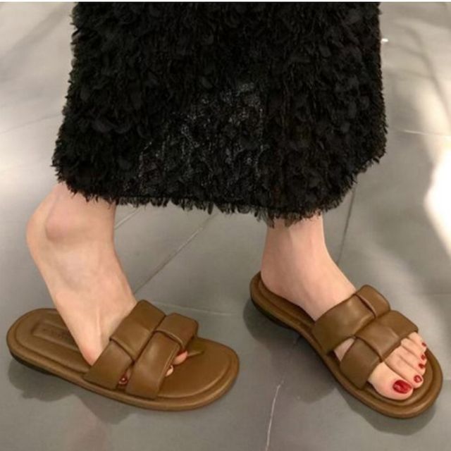 여성 더블 스트랩 푹신한 슬리퍼 1켤레 심플 사무실 플랫 실내화 편한